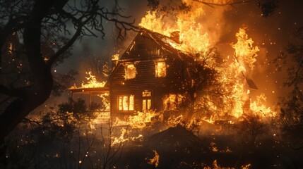 A Wooden House Engulfed in Flames During a Nighttime Fire. Generative AI