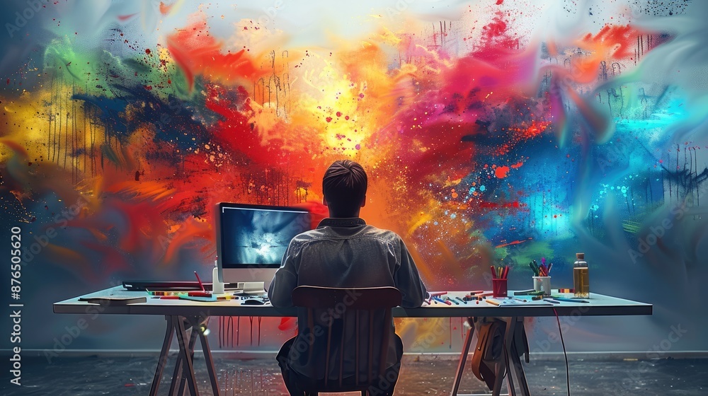 Poster a man sitting in front on his computer, creative colorful ideas flowing out from behind screen and c