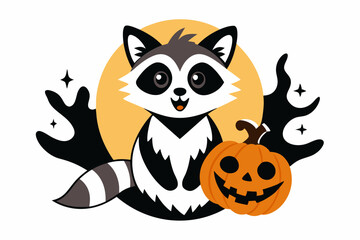 vintage t-shirt design featuring a raccoon perched on a jack-o'-lantern vector illustration