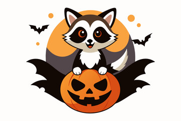 vintage t-shirt design featuring a raccoon perched on a jack-o'-lantern vector illustration