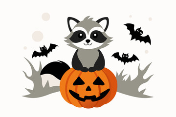 vintage t-shirt design featuring a raccoon perched on a jack-o'-lantern vector illustration