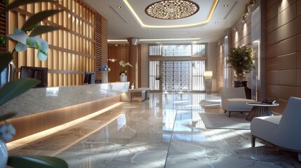 3D rendering of a hotel and spa reception interior