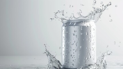 White aluminum soda can with water splash for beverage product concept.