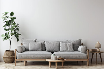A cozy living room with a grey sofa, wooden side table, indoor plant, and minimalist decor, set against a white wall.