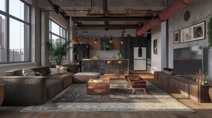 A spacious loft-style living room with a modern industrial aesthetic, rendered in 3D.
