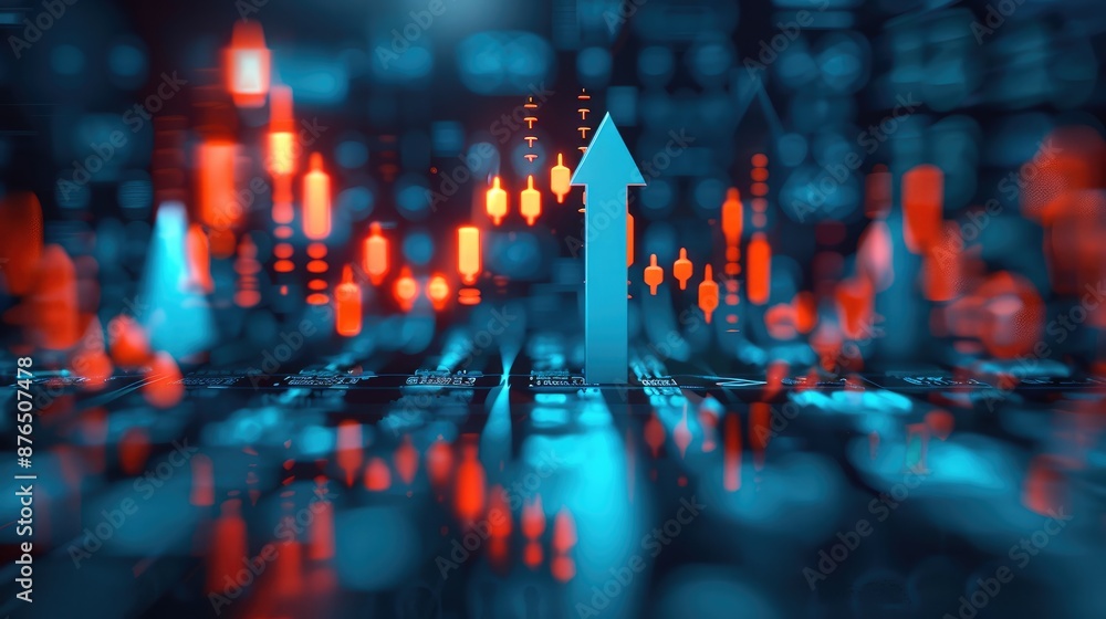 Poster a stock market graph with blue arrows pointing upwards, indicating an upward trend in the financial 