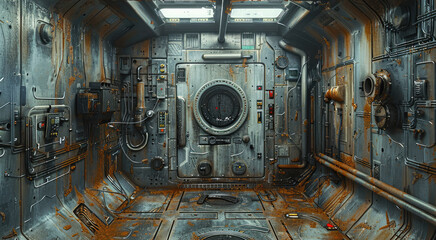 A dilapidated space ship airlock door, a keypad to the right, small indicator lights scattered around, conduit and pipes run along the walls, many access panels on most surfaces. Generative AI.