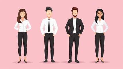 Customer service representatives standing united on solid background, flat vector illustration