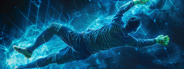 A digital male soccer goalkeeper in a high-tech virtual environment creating a futuristic and dynamic sports scene. © Pink Badger