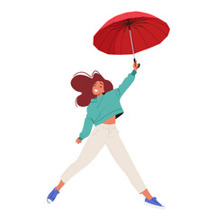 Joyful Young Woman Flying With A Red Umbrella. Female Character Wears Casual Clothing And Displays Delighted Expression