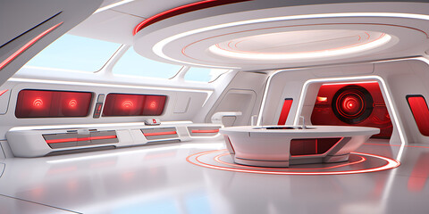 Fototapeta premium Futuristic spaceship interior with white and red color scheme