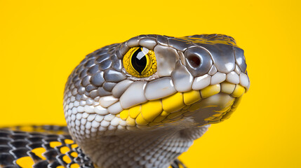 Fototapeta premium Closeup of a gray-black-yellow snake's face staring at you with curiosity and wonder.