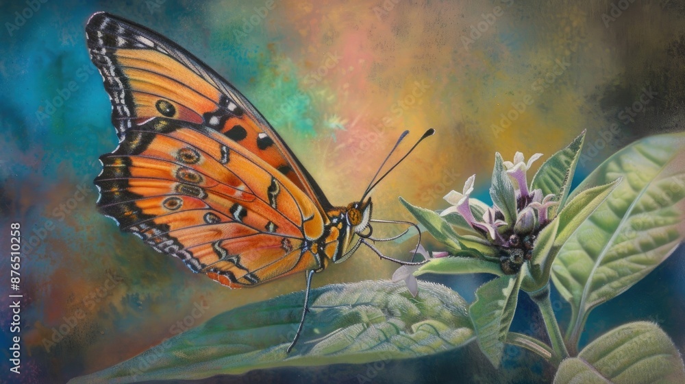 Canvas Prints Tawny Coster Butterfly Gathering Nectar on Leaf with Pastel Colors