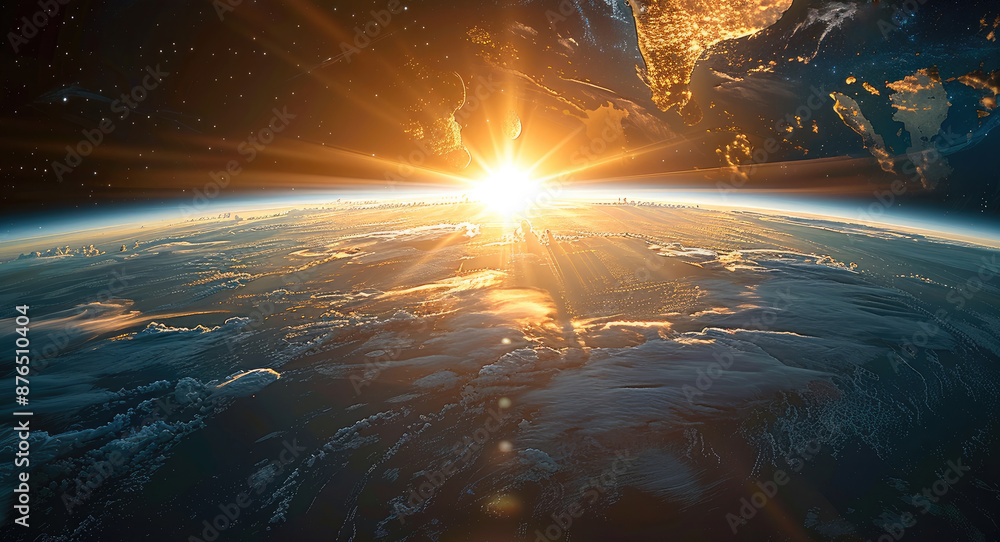 Poster the earth terminator line during dawn, casting a gentle glow over its surface against the dark expan