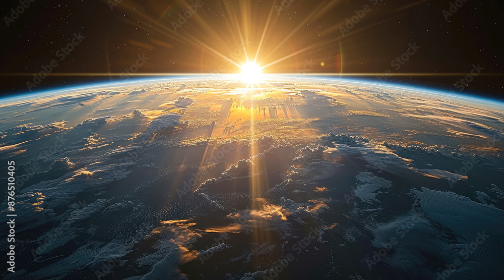 Poster The Earth terminator line during dawn, casting a gentle glow over its surface against the dark expanse of space. Generative AI.