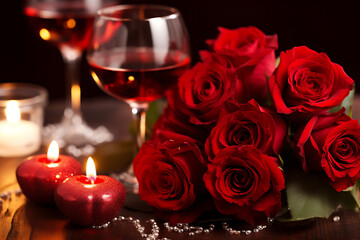 Romantic red roses, wine glasses, and candles.
