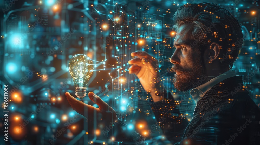 Poster Businessman holding a luminous light bulb, surrounded by a captivating, futuristic network of holographic data visualization and interconnected digital interfaces, digital illustration. Generative AI.