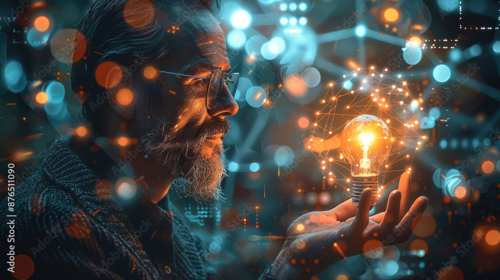 Poster businessman holding a luminous light bulb, surrounded by a captivating, futuristic network of hologr
