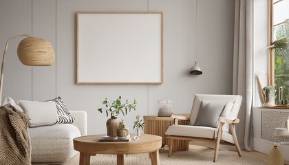 Fototapeta premium Living Room Wall Poster Mockup in Modern Interior Design - ISO A Paper Size 3D Render