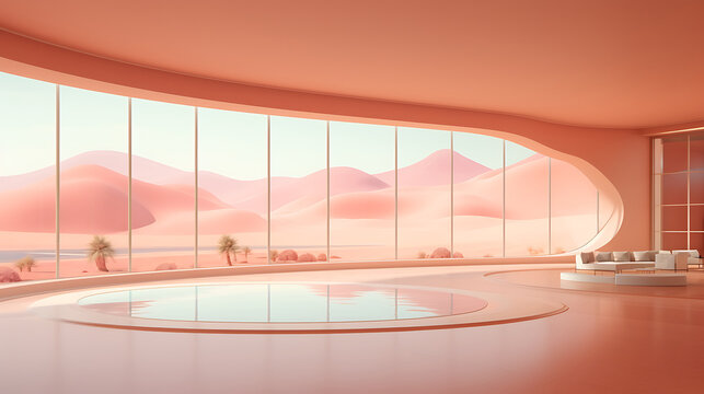Futuristic minimal serene landscape with peachy pink hues and a large picture window
