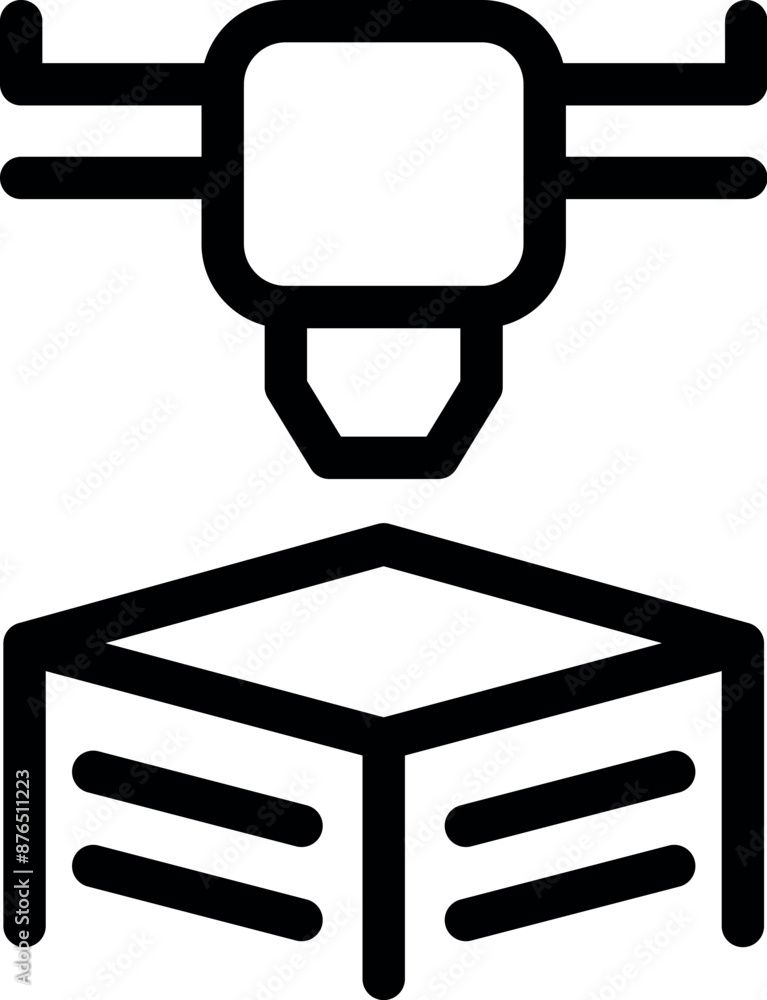 Poster line icon of a 3d printer creating a cube in a manufacturing process