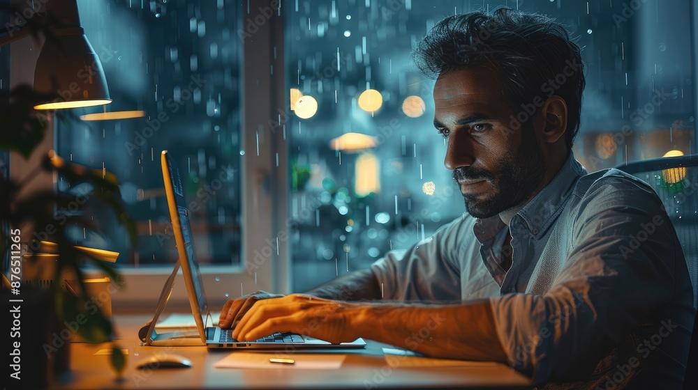 Canvas Prints A passionate entrepreneur, sitting at his desk in a typical office, working late at night. The soft glow of his computer screen. A rain pouring outside. Generative AI.