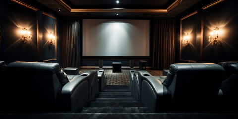 menonton film di rumah seperti di bioskop pribadi dengan kursi kulit hitam yang mewah dan layar lebar