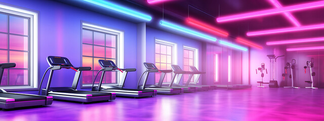 Empty gym with bright neon lights.