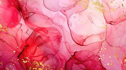 Obraz premium Abstract Marbled Ink: Soft Red Petals and Gold Swirls