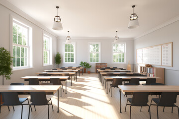 Fototapeta premium Bright and sunny classroom with empty wooden student desks and chairs arranged in rows, blackboard, windows, plants, and a globe