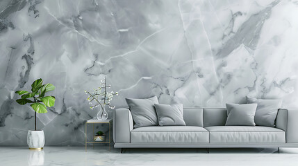 Elegant grey marble wall with sofa and plant