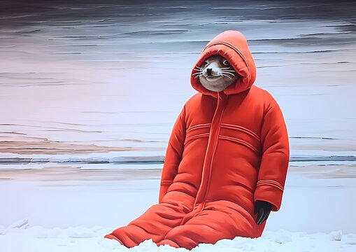 A lonely red-suited seal shivering in the cold snow conveys a sense of vulnerability and isolation.