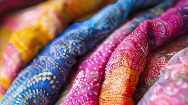 Close-up of bandhani fabric reveals intricate patterns and vibrant colors, showcasing India's traditional art.