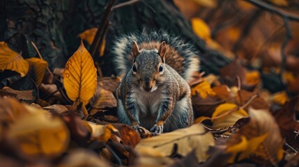 Fototapeta premium Squirrel. Cozy environment. Autumn background