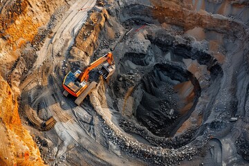 Obraz premium Aerial View of a Rotary Excavator Digging Rock in a Quarry