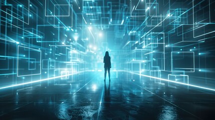 Woman Standing in a Glowing Digital Space