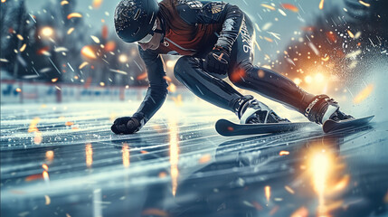 A short track speed skater swiftly navigates a corner on the ice rink. Ice shards scatter as the skater leans close to the ice in a cornering stance. Generative AI.