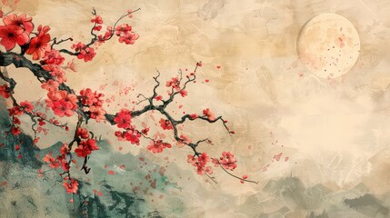 Vintage Cherry Blossom Branch on Natural Landscape