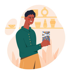 Man with broken vase. Young guy with cracked ceramic products. Pottery and dishware. Person fix crockery. Repair of amphora at home. Flat vector illustration isolated on white background