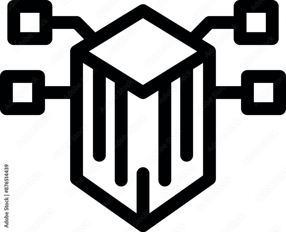 Poster black and white icon of a blockchain network connecting through a cube symbolising decentralised fin