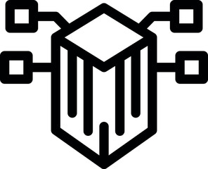 Black and white icon of a blockchain network connecting through a cube symbolising decentralised finance
