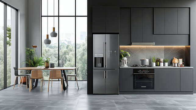 The refrigerator, with gray color. The cabinet door has silver accents on its front panel, which reflects modernity in design. simple and elegant kitchen with a dining table nearby. Generative AI. - Powered by Adobe