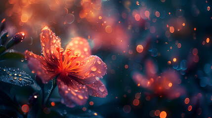 Fototapeta premium A close-up image of a flower covered in raindrops, with a blurred background.