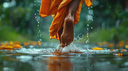 Close-up shot of monk feet, right foot placing in pond, smooth water splash. set in nature environment. Generative AI.