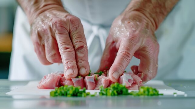 Chef's hands preparing fresh sushi with precision, garnished with chopped green herbs on a cutting board in a professional kitchen.