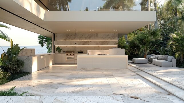Minimalist white outdoor kitchen with bbq fridge and sink with travertine floor. Generative AI.