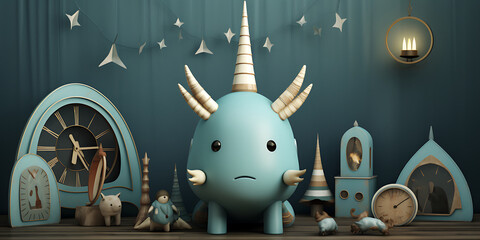 Whimsical blue creature in a surreal room with vintage toys evokes feelings of nostalgia and enchantment.
