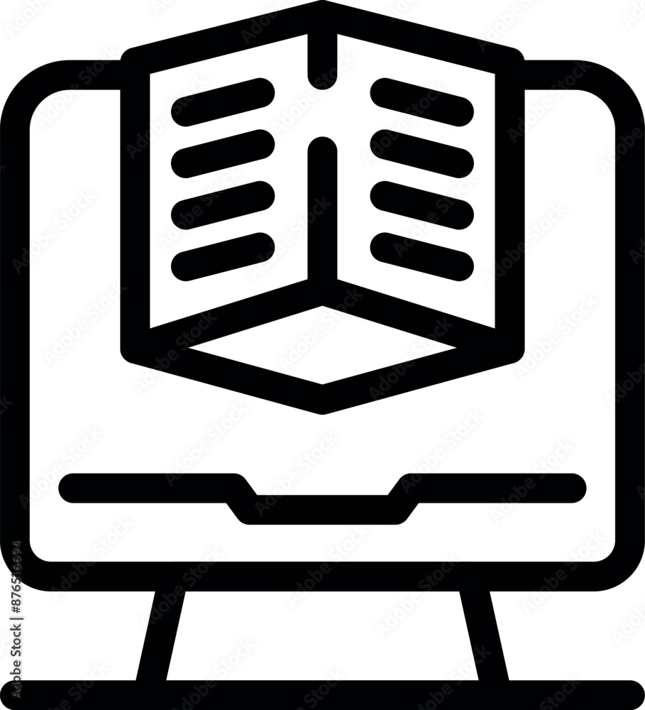 Poster line art icon of a computer generating a three dimensional cube, representing 3d modeling and design
