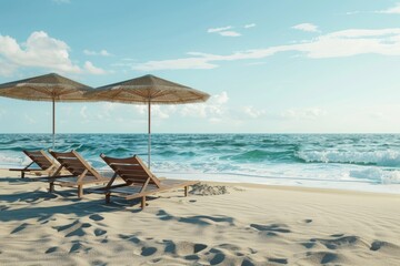 Obraz premium Three dimensional render of deck chair and beach umbrellas on deserted beach in summer