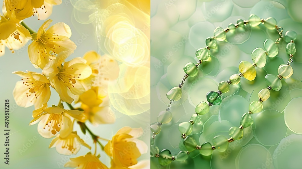 Poster jade bracelets displayed against spring flowers and blurred background